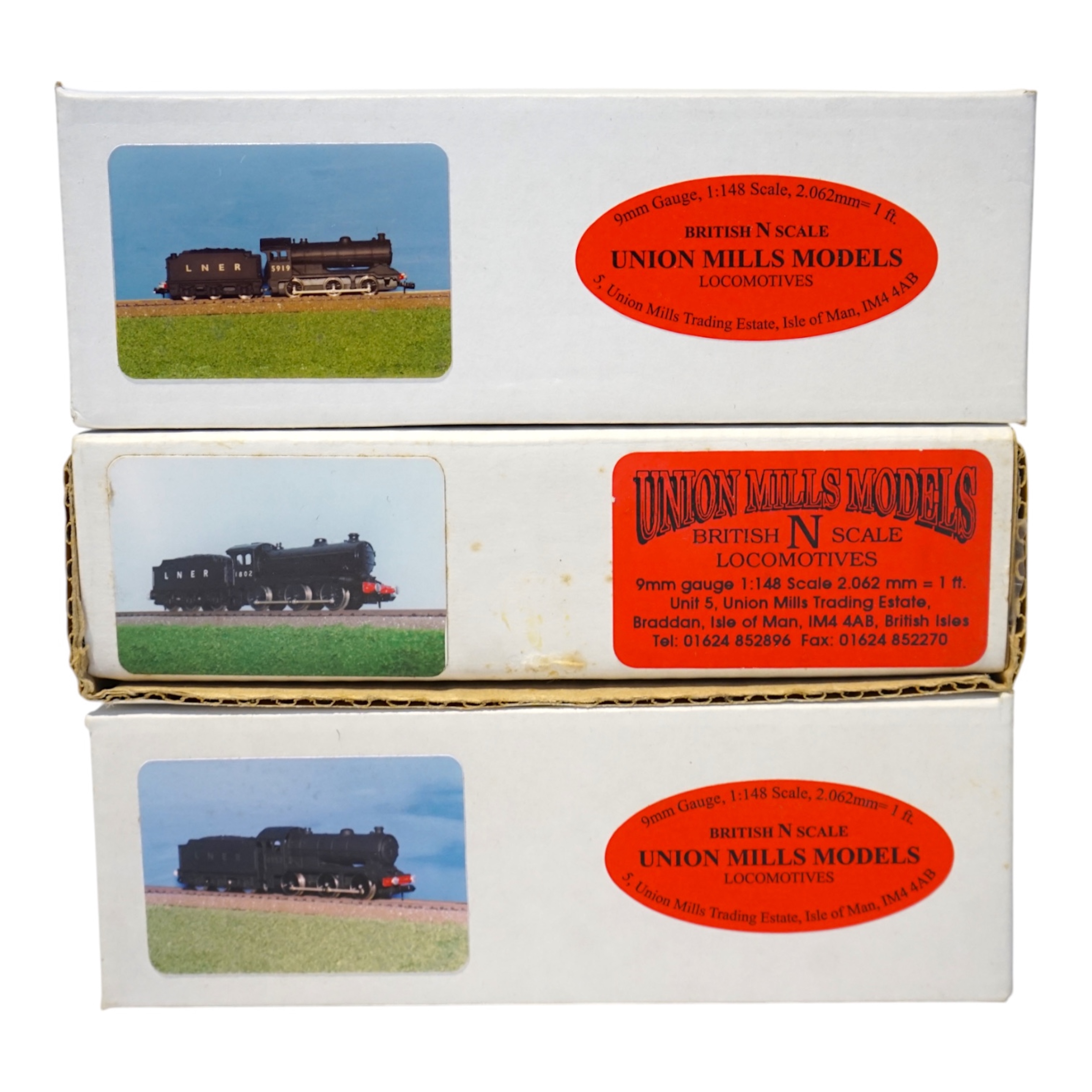 Three boxed Union Mills Models N gauge railway LNER locomotives; a Class J38, 5919, a Class J39, 1802, and a Class J39, 4857. Condition - good.